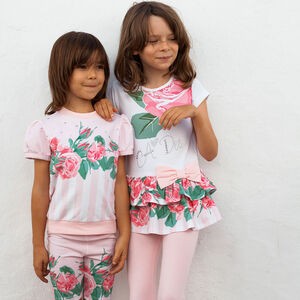 Girls White & Pink Rose Leggings Set