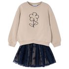 Girls Beige & Navy Blue Flower Skirt Set, 3, hi-res