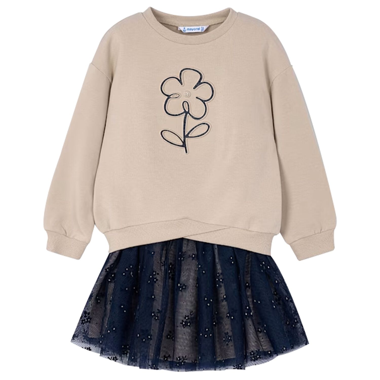 Girls Beige & Navy Blue Flower Skirt Set, 3, hi-res