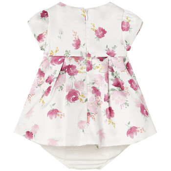 Baby Girls White & Pink Floral Satin Dress Set