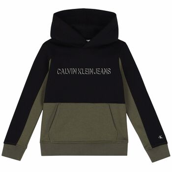 Boys Black & Khaki Logo Hooded Top