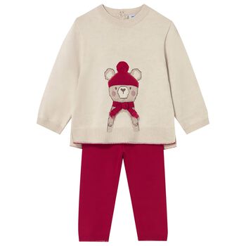 Younger Girls Ivory & Red Teddy Bear Trousers Set