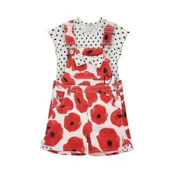 Girls Red & White Poppy Dungaree Set