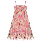 Girls Pink Floral Embroidered Tiered Dress, 1, hi-res