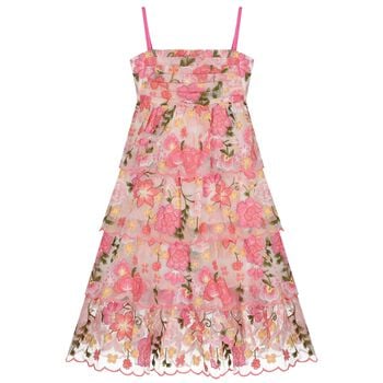Girls Pink Floral Embroidered Tiered Dress