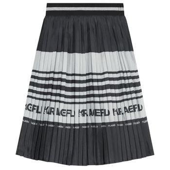 Girls Black & Silver Logo Pleated Skirt