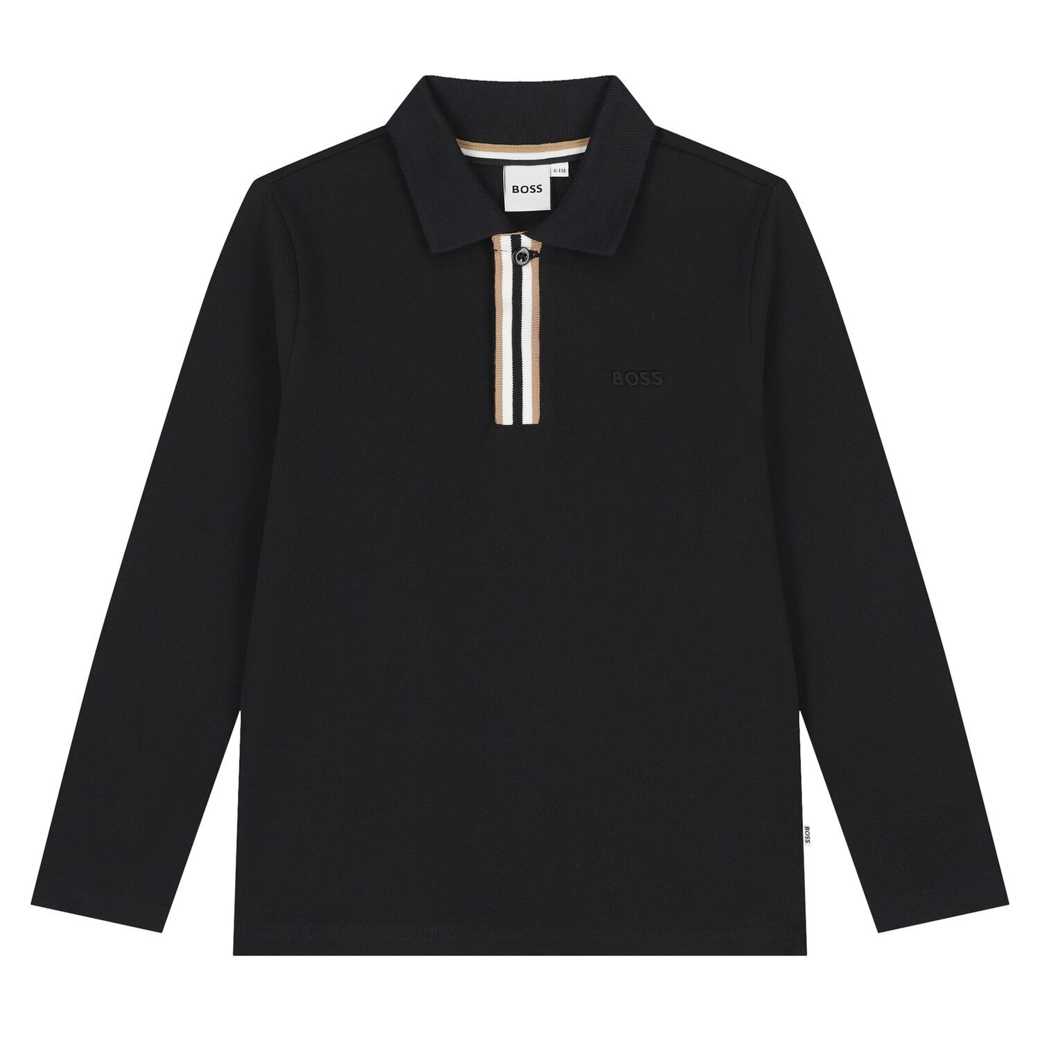 Boys Black Logo Long Sleeve Polo Shirt, 1, hi-res