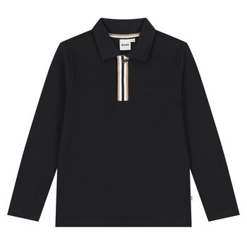 Boys Black Logo Long Sleeve Polo Shirt