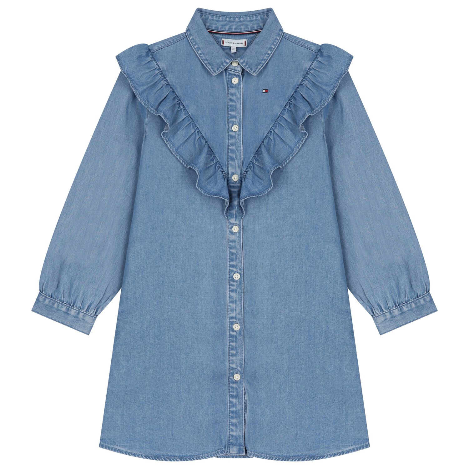 Girls Blue Ruffled Denim Dress, 1, hi-res image number null