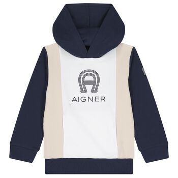 Boys Navy Blue & White Logo Hooded Top