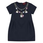 Younger Girls Navy Blue Necklace Logo Dress , 1, hi-res
