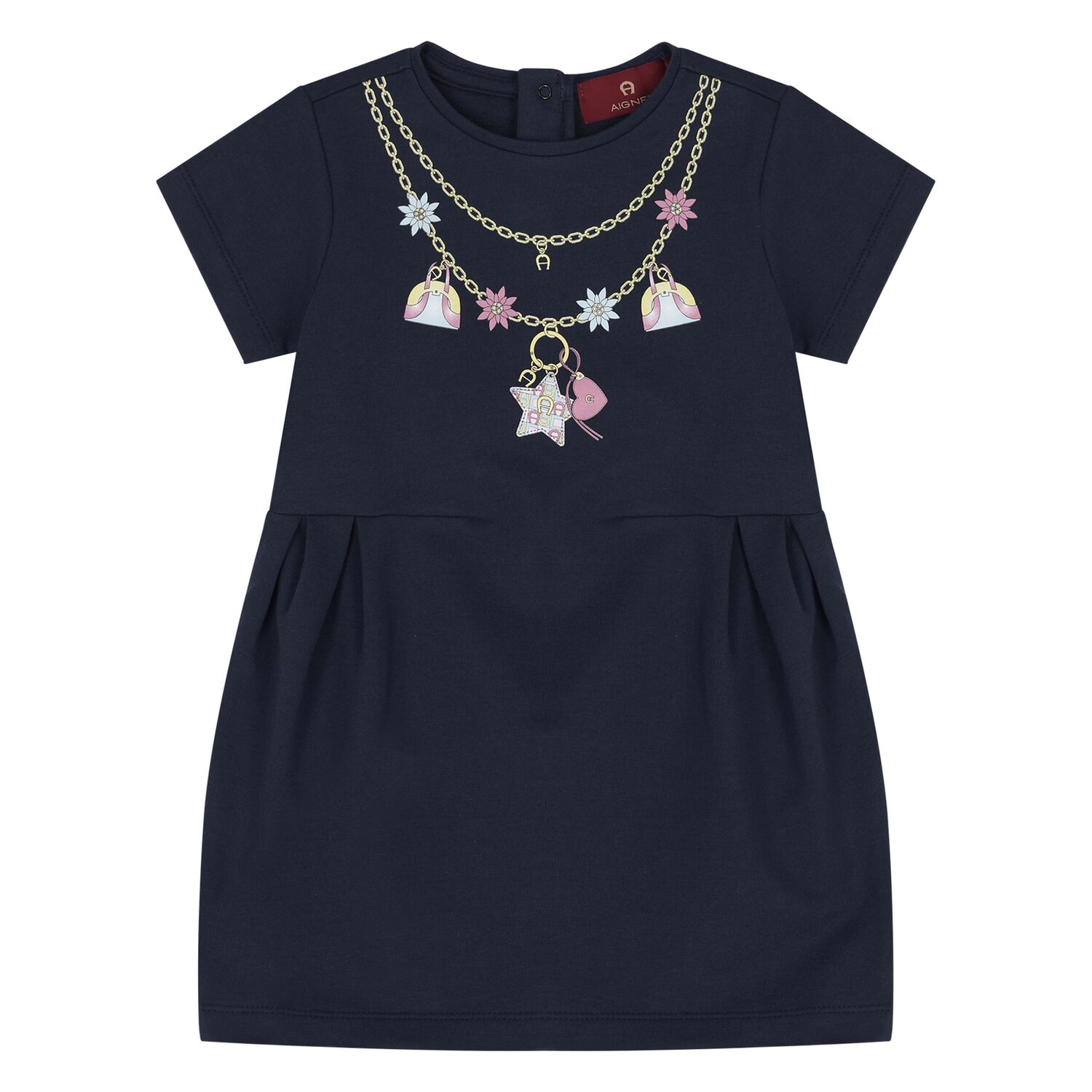 Younger Girls Navy Blue Necklace Logo Dress , 1, hi-res