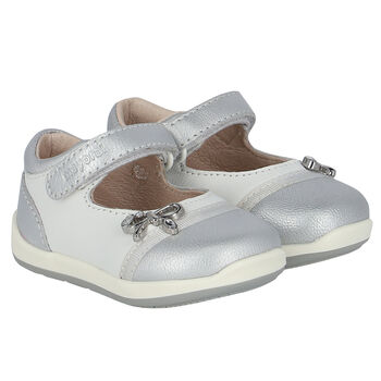 Younger Girls White & Silver Leather Shoes