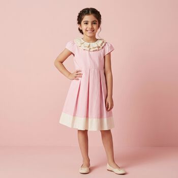 Girls Pink Ruffled Collar Pleated Dress