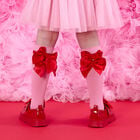 Girls Pink Satin Bow Knee High Socks, 1, hi-res
