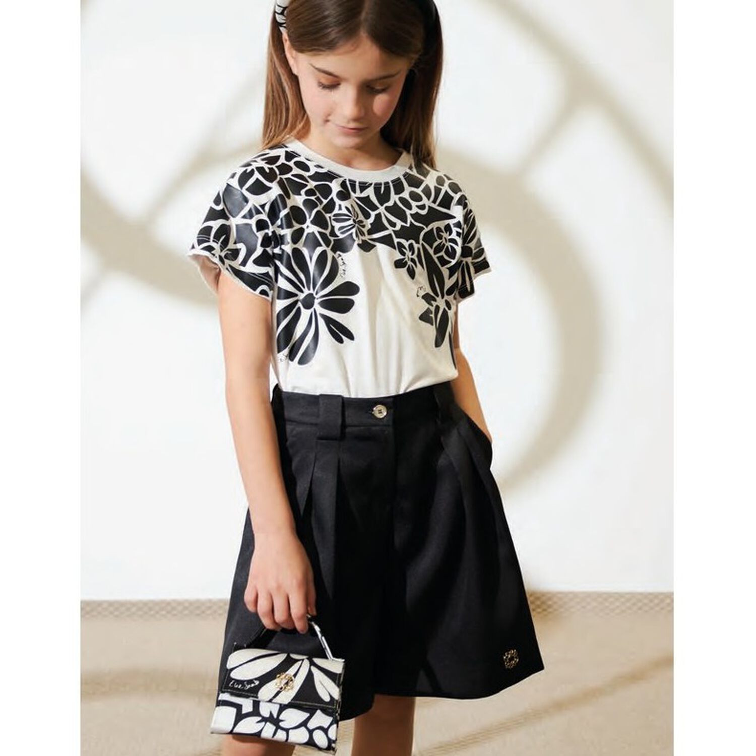 Girls White & Black Floral Handbag, 1, hi-res