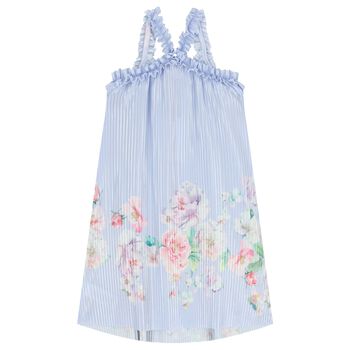 Girls Blue Floral Pleated Dress