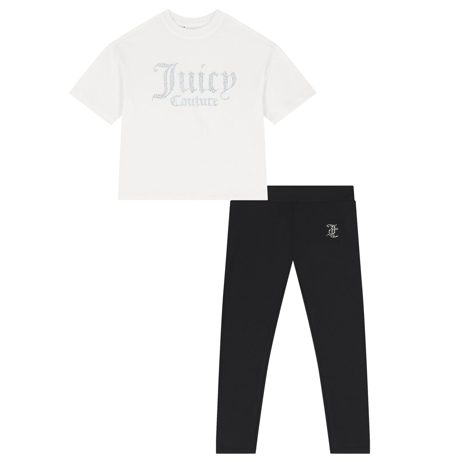 Girls White & Black Diamante Logo Leggings Set, 1, hi-res