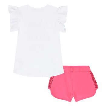 Girls White & Pink Embellished Shorts Set