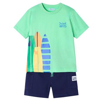 Boys Green & Navy Blue Surf Board Shorts Set