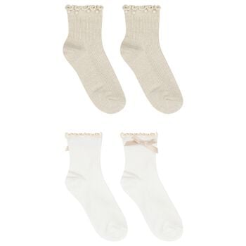 Girls White & Beige Bow & Pearl Socks ( 2-Pack ) 