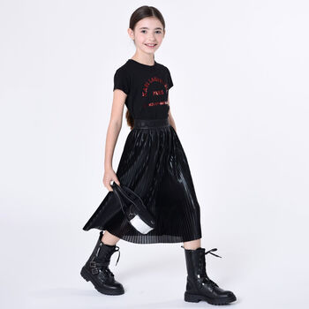 Girls Black Logo Pleated Skirt