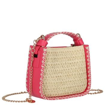 Girls Beige & Pink Straw Handbag