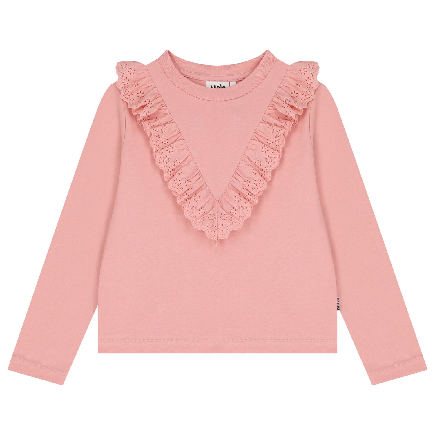 Girls Pink Broderie Ruffle Long Sleeve Top, 1, hi-res