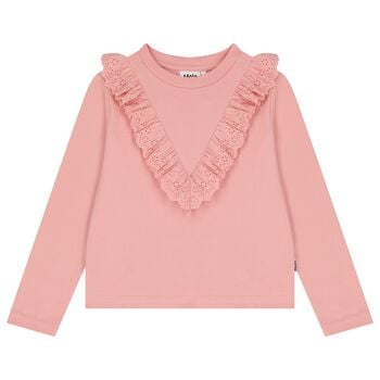 Girls Pink Broderie Ruffle Long Sleeve Top