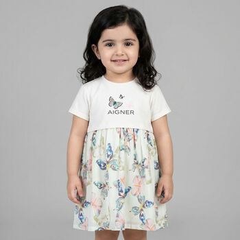 Younger Girls Ivory Butterflies Logo Dress