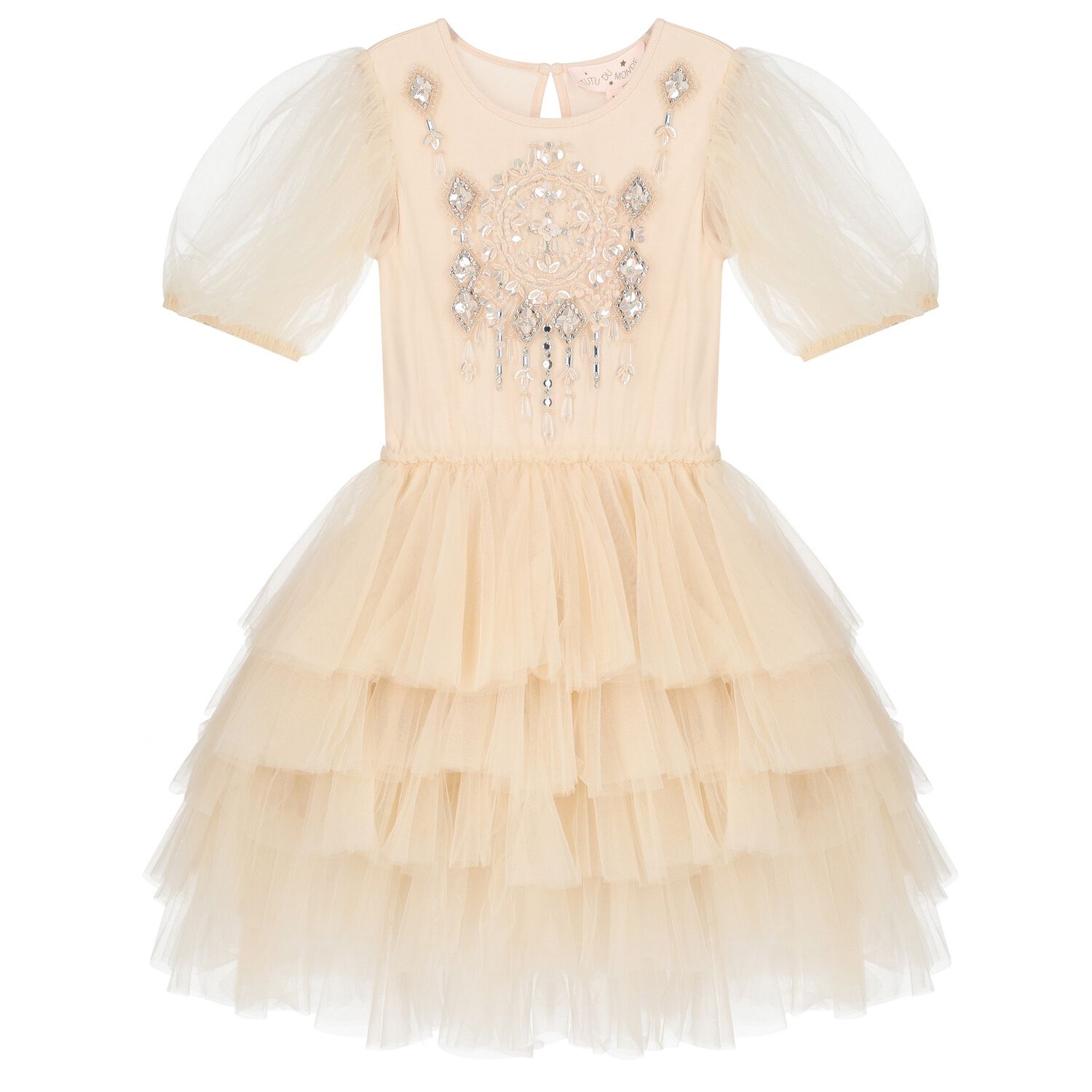 Girls Beige Embellished Tulle Dress, 1, hi-res image number null