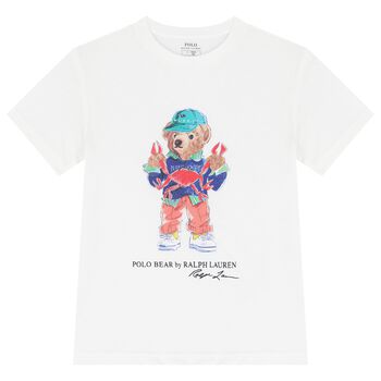Boys White Cotton Polo Bear & Crab T-Shirt