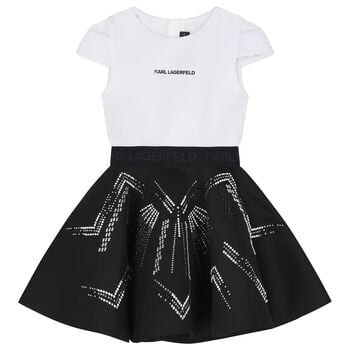Girls White & Black Logo Dress