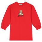 Girls Red Teddy Bear Logo Swearshirt Dress, 1, hi-res