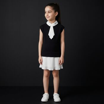 Girls Black & White Pleated Crepe Dress