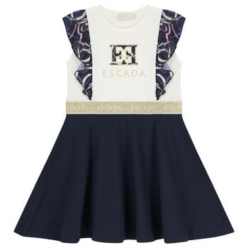 Girls Ivory & Navy Blue Ruffled Dress