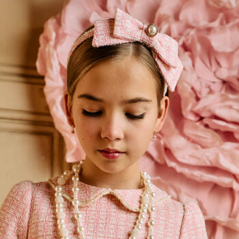 Girls Pink Tweed Bow Headband