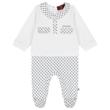 Baby Boys White & Navy Blue Logo Babygrow
