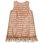 Girls Beige & Gold Striped Dress, 1, hi-res