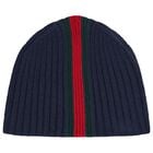Navy Blue Web Striped Knitted Baby Hat, 1, hi-res