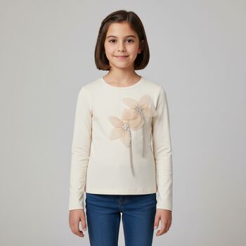 Girls Beige Flower Long Sleeve Top