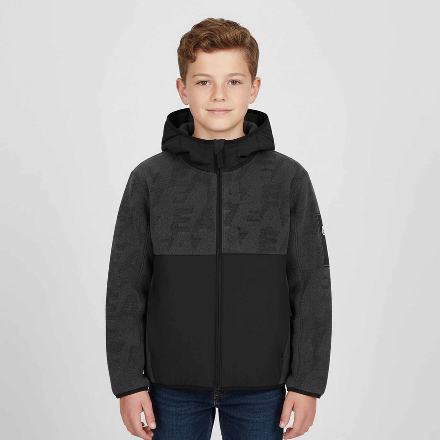 Boys Grey & Black Logo Hooded Zip Up Top, 1, hi-res