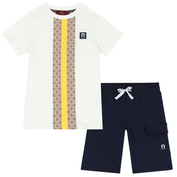 Boys White & Navy Logo Shorts Set