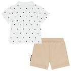 Boys White & Beige Logo Shorts Set, 1, hi-res