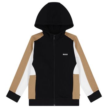 Boys Black, Beige & Ivory Logo Hooded Zip Up Top