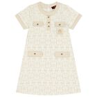 Girls Ivory & Gold Logo Dress, 1, hi-res
