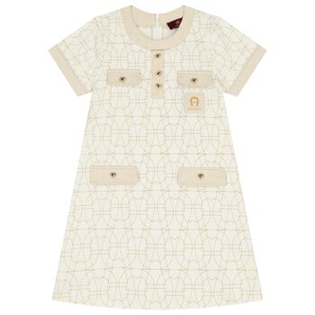 Girls Ivory & Gold Logo Dress