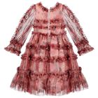 Girls Pink Floral Ruffle Tulle Dress, 1, hi-res