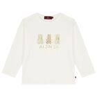 Girls Ivory & Gold Teddy Bear Logo Long Sleeve Top, 1, hi-res
