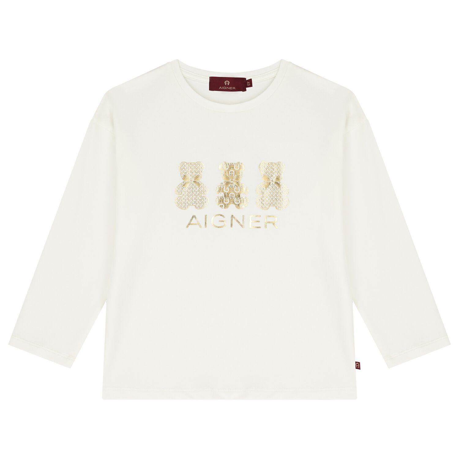 Girls Ivory & Gold Teddy Bear Logo Long Sleeve Top, 1, hi-res